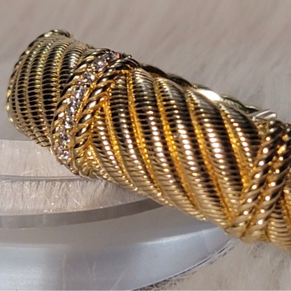Judith Ripka 14 K Gold Clad Diamonique and Silver Textured Cuff Bracelet. - Picture 3 of 6
